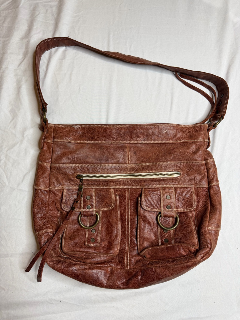 Jewels Brown Distressed Hobo Shoulder Bag Double Buckle Pocket Boho Y2K